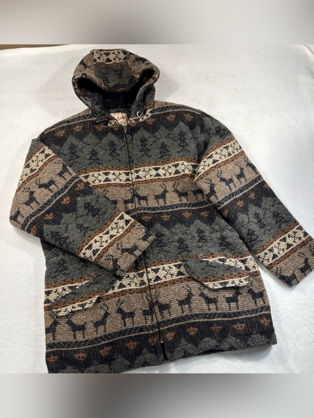 VTG Woolrich Womens Wool Blanket Southwest Animal Aztec Hooded Coat USA - Size M